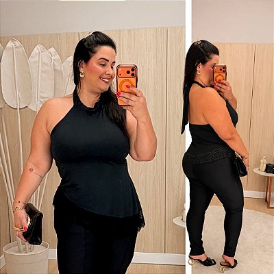 Blusa Assimétrica Renda Preta Plus Size