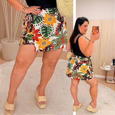 Short Saia Babi Tropical Laranja e Verde Plus Size