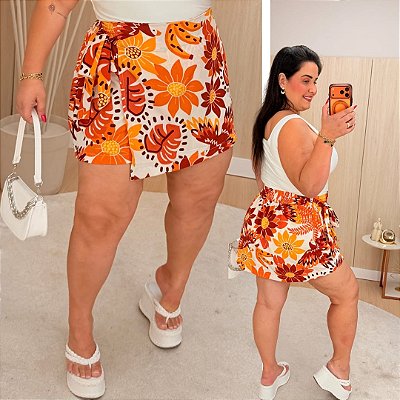 Short Saia Babi Estampado Laranja e Marrom Plus Size