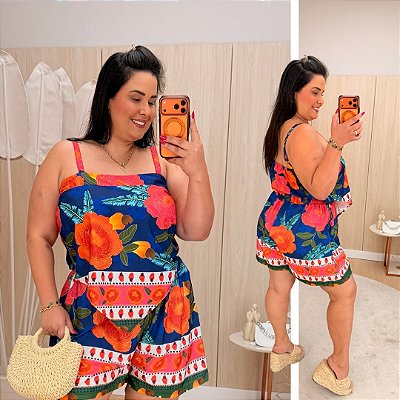 Conjunto Antonela Azul e Rosa Estampado Plus Size