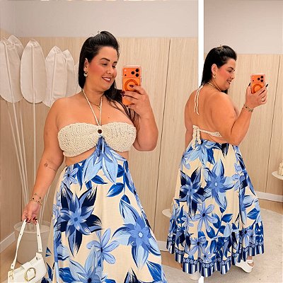 Vestido Capri Estampa Floral Azul Plus Size