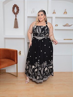 Vestido Celeste Preto Estampado Plus Size