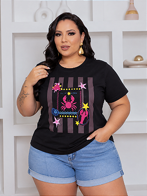 T shirt Estampa Caranguejo Preta Plus Size