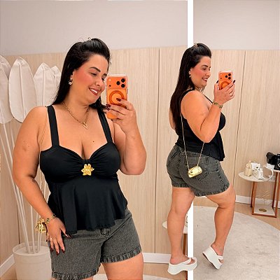 Blusa Bata Flor Preta Plus Size