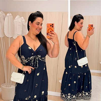 Vestido Longo Sabrina Azul Marinho Floral Plus Size