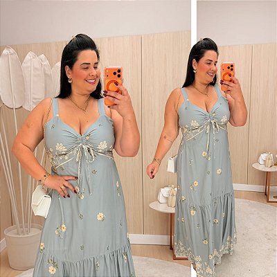 Vestido Longo Sabrina Cinza Azulado Plus Size