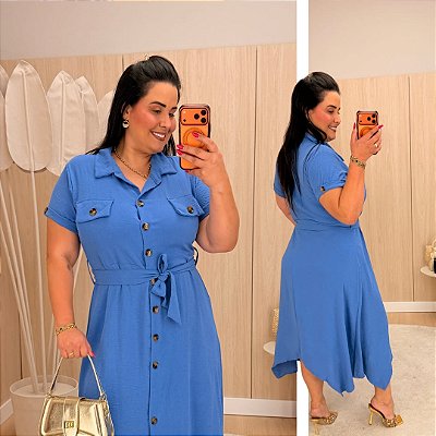 Chemise Botões Emily Azul Plus Size