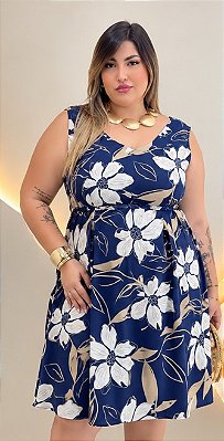 Vestido Alça Emília Azul Marinho Estampado Plus Size