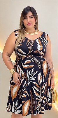 Vestido Alça Emília Preto Estampado Plus Size