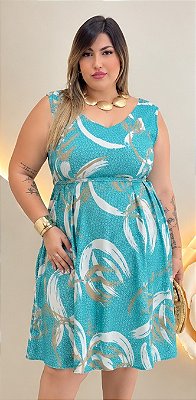 Vestido Alça Emília Azul Claro Estampado Plus Size