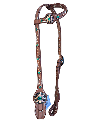 Cabeçada de uma orelha em couro com margarida verde