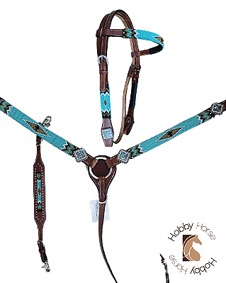 Conjunto peiteira + cabeçada + levantador de peiteira verde água
