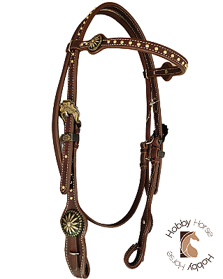 Cabeçada de testeira em couro marrom com afogador rebites e margaridas