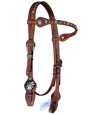 Cabeçada de testeira em couro marrom, om afogador e detalhes verde água