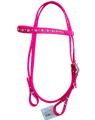 Cabeçada de testeira com afogador  em silicone rosa pink com pedraria