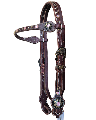 Cabeçada de testeira em couro marrom escuro com pedras rosa bebê