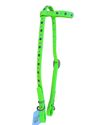 Cabeçada de uma orelha silicone verde limão pedras azuis