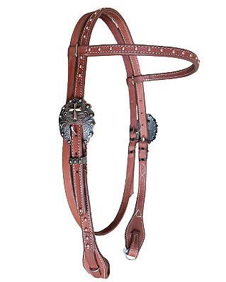 Cabeçada de testeira em couro com fivela de cruz bilateral