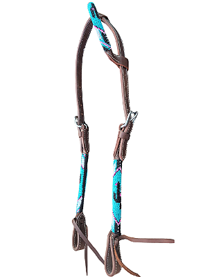 Cabeçada de uma orelha em couro com miçangas turquesa e cacto