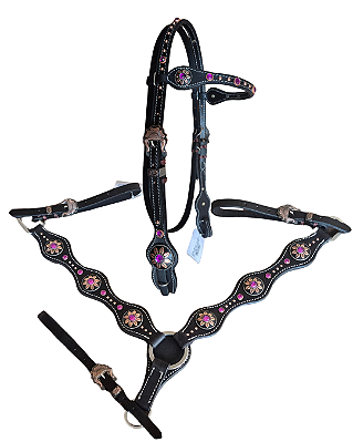 Conjunto peitoral e cabeçada em couro preto margaridas roxo