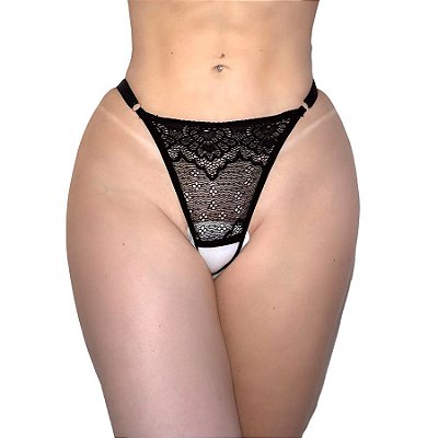 Calcinha Rendada Fio Dental com Abertura Alças Finas e Lacinho