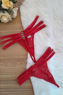 Calcinha Fio Sexy Com 3 Tiras Rendado Pingente De 3 Corações