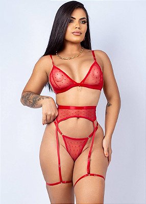 Conjunto Sexy Trio Poa Vermelho P