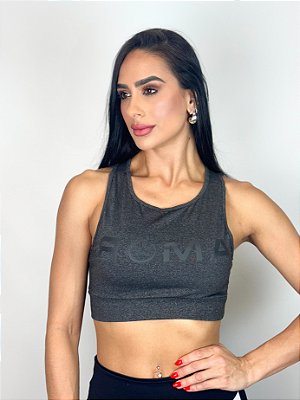 Top Fitness Médio Impacto Feminino ROMA Cropped Logo Cinza Médio