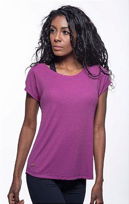 Camiseta Fitness Manga Curta Feminino ROMA Decote Tela Costas Rosa Escuro