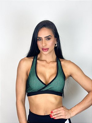 Top Fitness Médio Impacto Feminino ROMA Tela Preto/Verde Escuro