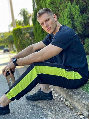 Calça Jogger Tactel recorte lateral Masculina Roma Preto / Verde