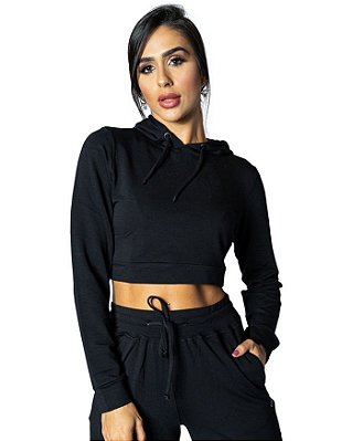 Cropped Moletinho de Manga Longa e Capuz Feminino Roma Preto