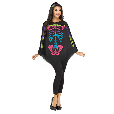 Poncho Estampa Fantasia Halloween Festa Adulto/infantil - Esqueleto colorido