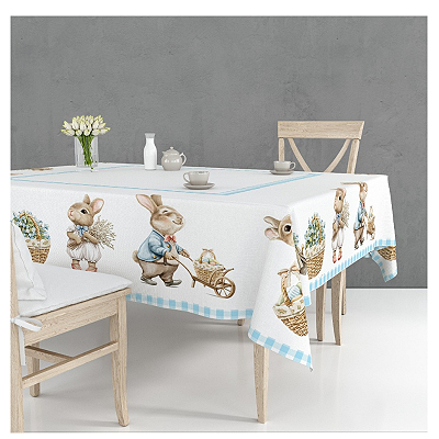 Toalha de Mesa Retangular - Páscoa branco xadrez azul
