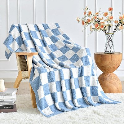Manta quadriculada para sofá, cama, cadeira de viagem para todas as estações, 152 x 125 cm Azul