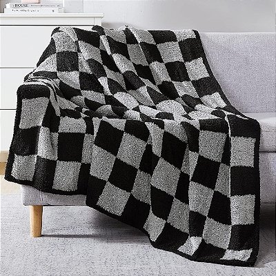 Manta quadriculada para sofá, cama, cadeira de viagem para todas as estações, 152 x 125 cm Preto e cinza