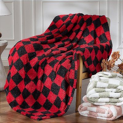 Manta quadriculada para sofá, cama, cadeira de viagem para todas as estações, 152 x 125 cm Vermelho e Preto