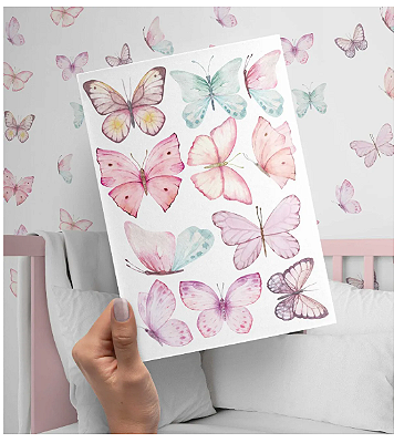 Adesivos de Parede Borboletas Jardim Lavanda Aquarela - Cartela decorativa