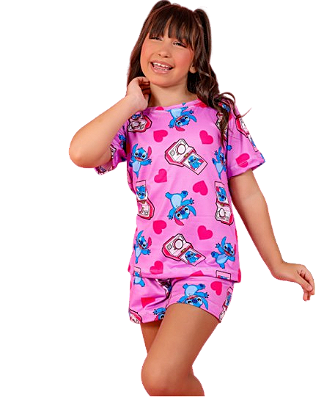 Pijama Baby-Doll Infantil Feminino Stitch rosa