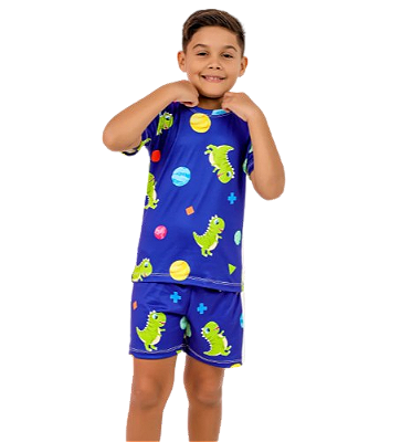 Pijama Baby-Doll Infantil Masculino Dino Azul Escuro