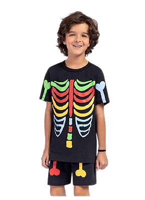 Pijama Kids Unissex Halloween Esqueleto Colorido