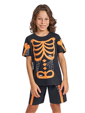 Pijama Kids Unissex Halloween Esqueleto Laranja