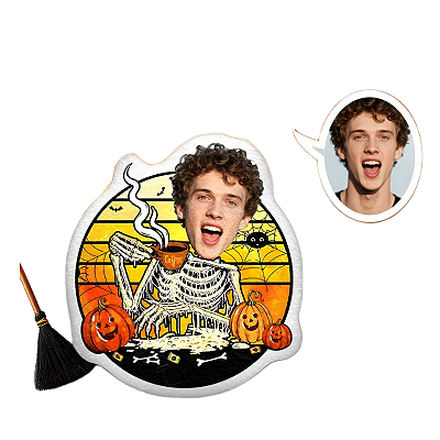 Almofadas 3D Fun - Seu rosto aqui Halloween Esqueleto Engraçado Bebendo Café