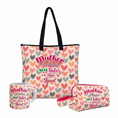 Kit Dia da Mulher – Bolsa + Necessaire + Caneca – Mulher Virtuosa