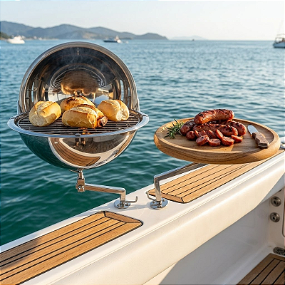 Churrasqueira de Costado em Aço Inox 304 Overboat CT-320 com Tábua e Suporte Duplo
