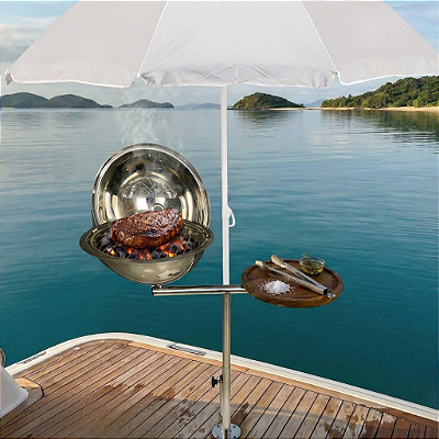 Churrasqueira Náutica em Aço Inox Overboat PGM-314-G com Tábua e Guarda-Sol Integrado. (Popa)