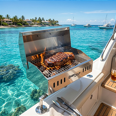 Churrasqueira Náutica em Aço Inox 304 de Costado Overboat CR-460 com Suporte Ajustável