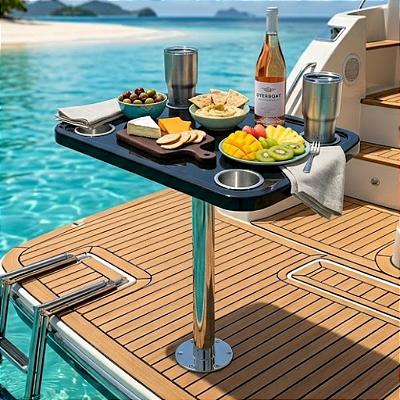 Mesa Náutica Completa Overboat 45x58cm com Pedestal Inox e Porta-Copos