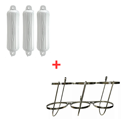 Kit 3 Defensas Náuticas Attwood G4 Brancas + Suporte Triplo Inox Overboat