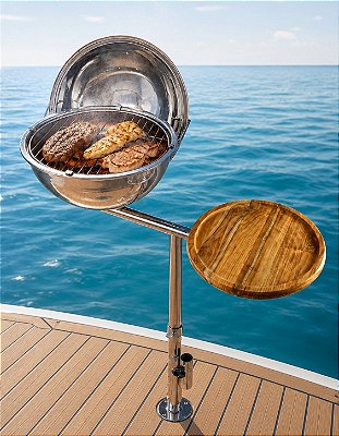 Churrasqueira Náutica em Aço Inox 304 Overboat PGM-350 com Suporte para Tábua e Guarda-Sol (Popa)
